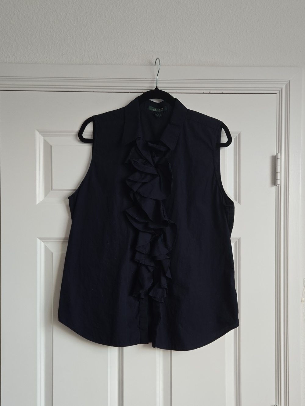 Ralph Lauren Navy Sleeveless Ruffle-Front Blouse